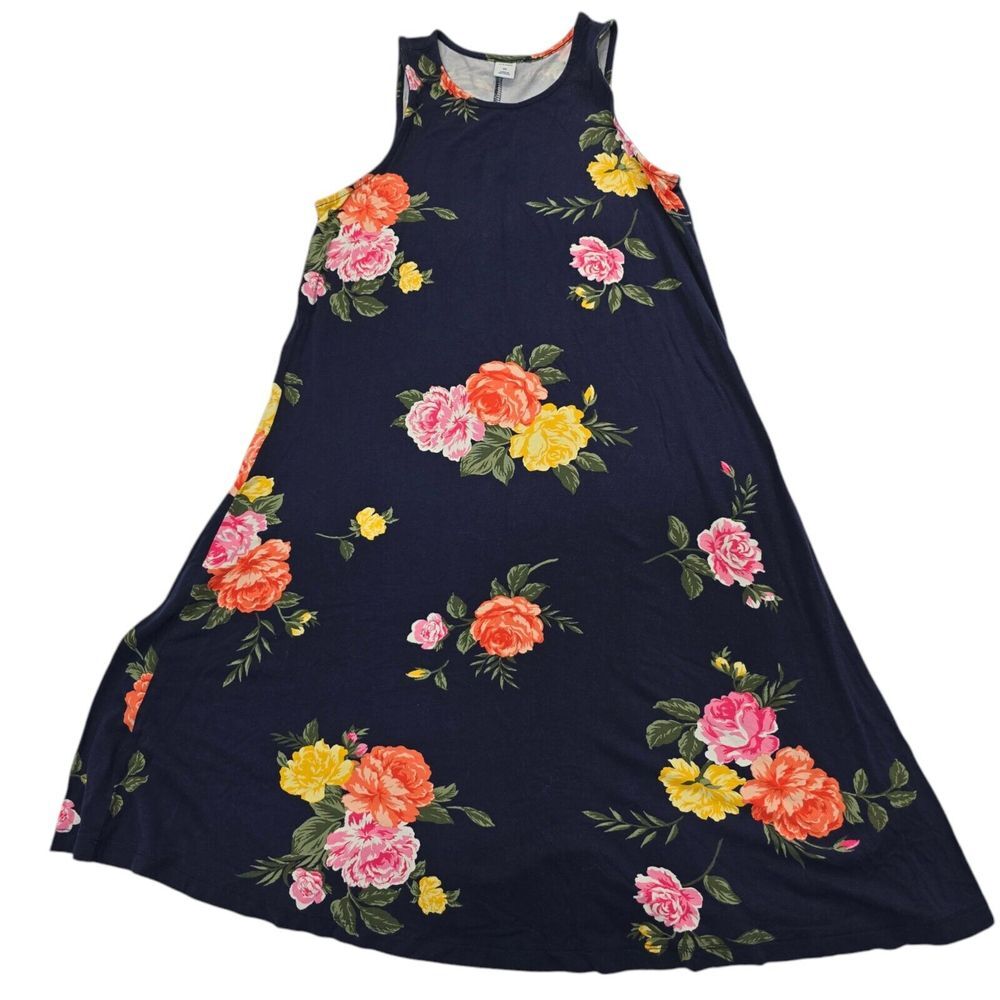 Old Navy Dress Women XS Navy Blue Rayon Floral Swing Sleeveless Boho Casual Chic